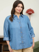 Load image into Gallery viewer, Chambray Collared 3/4 Tab Sleeve Shirt
