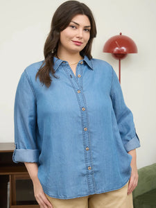 Chambray Collared 3/4 Tab Sleeve Shirt