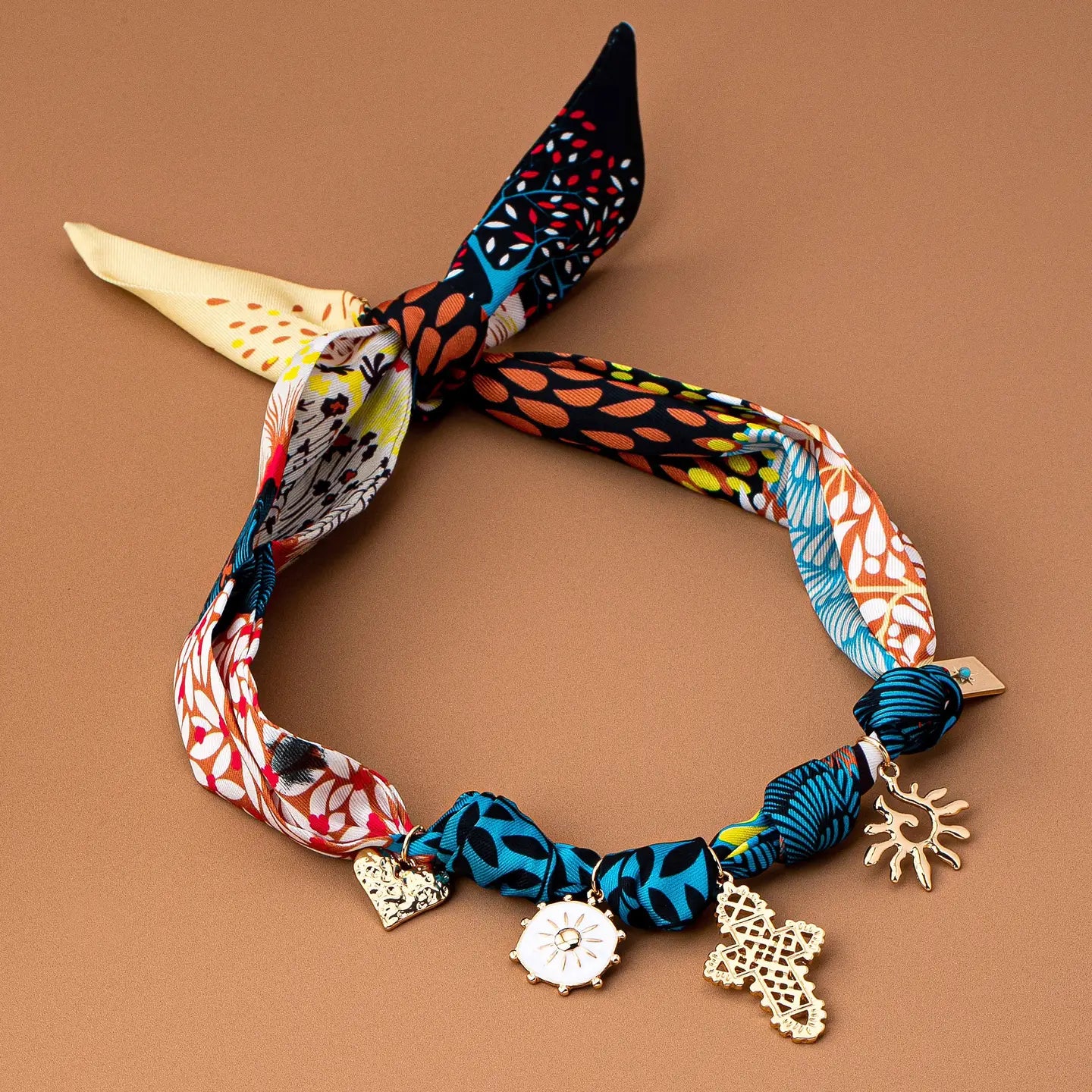 Boho Leopard Scarf Necklace Cross & Heart Charms