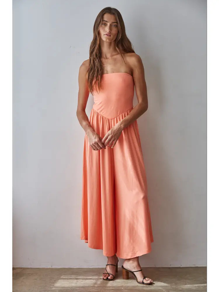 Coral Tube Strapless Flare Jumpsuit