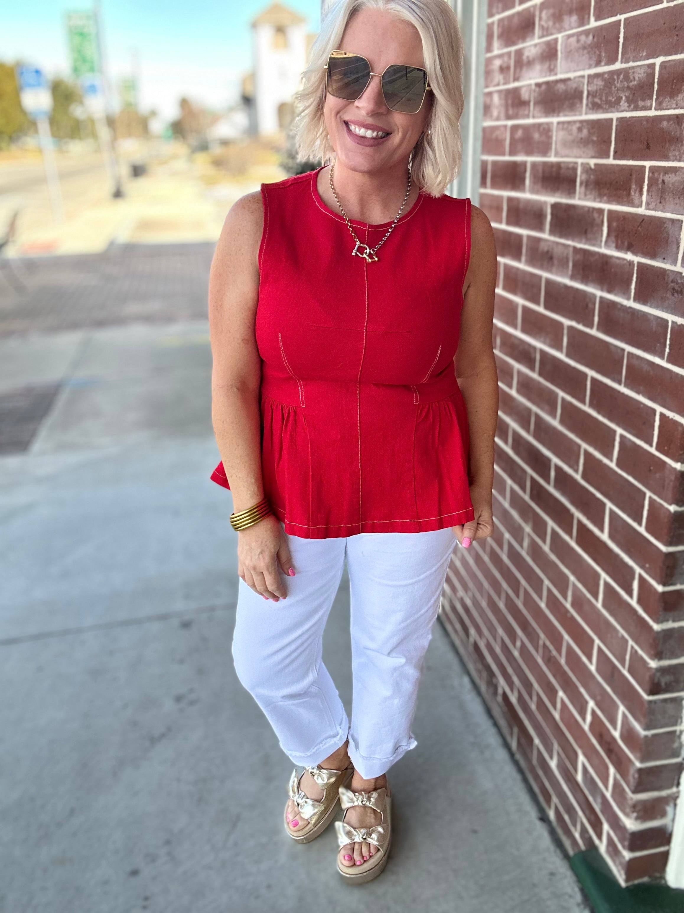 Red Denim Sleeveless Peplum Top