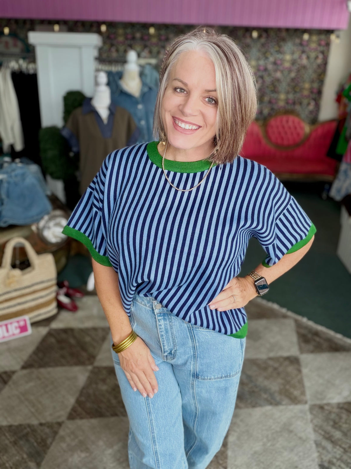 Blue/Green Striped Short Sweater Top