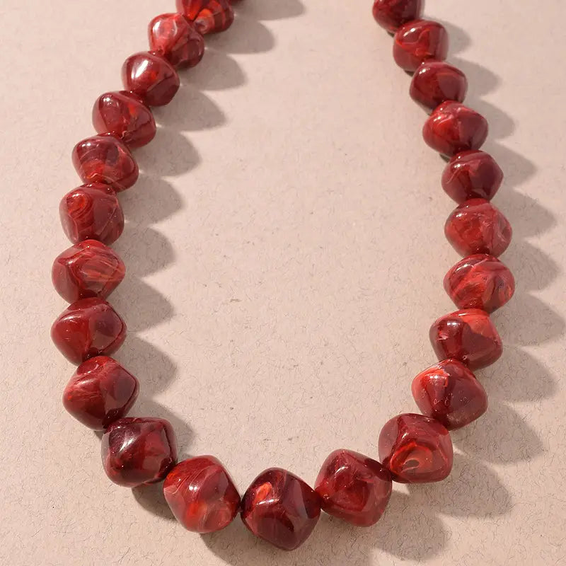 Wine Marbled Resin Cube Beaded Statement Necklace
