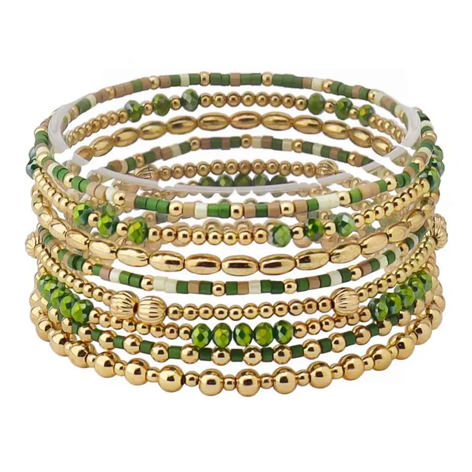 Green Sead Bead and Gold Beaded Set of 9 Stretch Bracelet