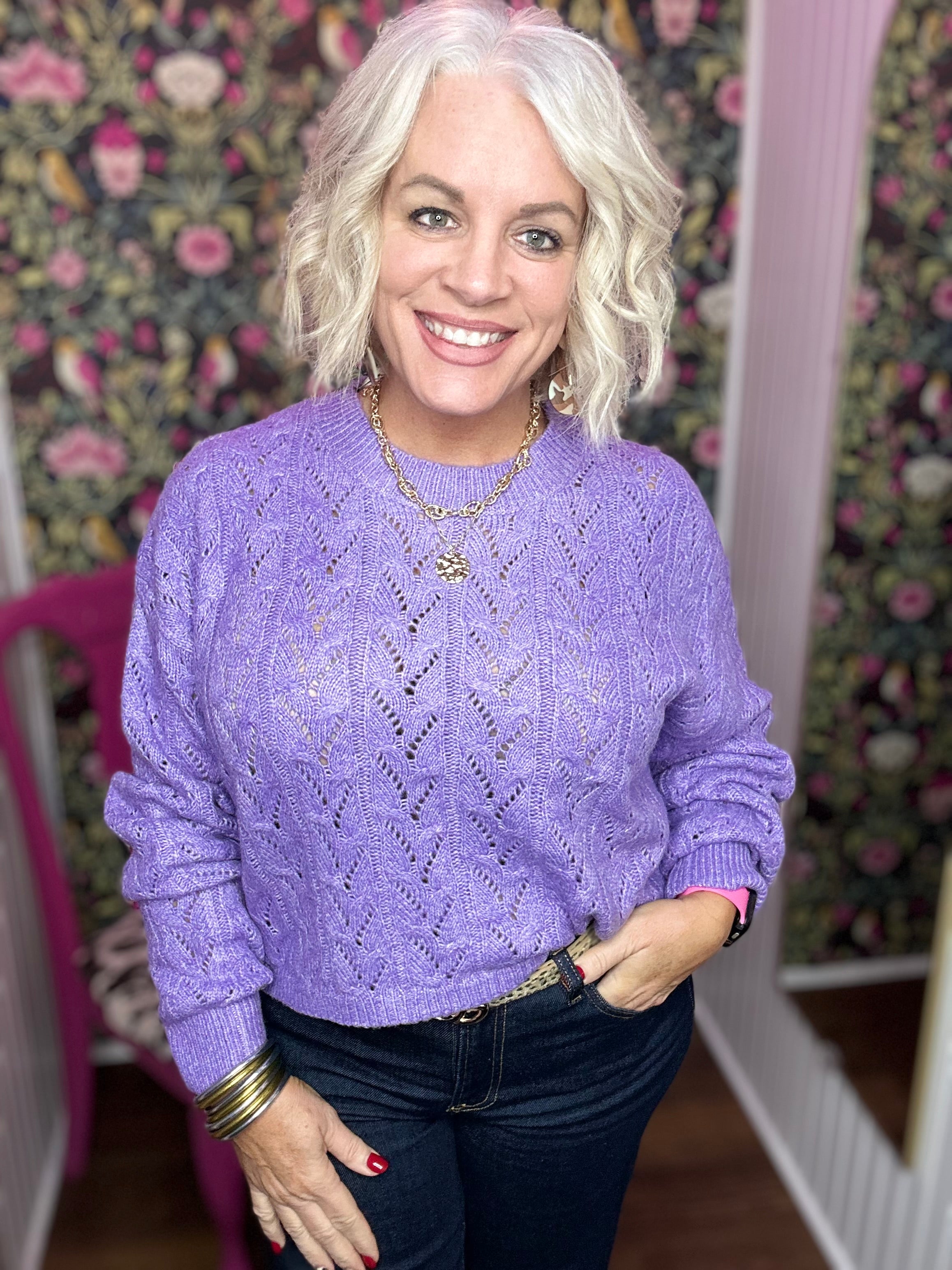 Iris Purple Cropped Cable Knit Sweater