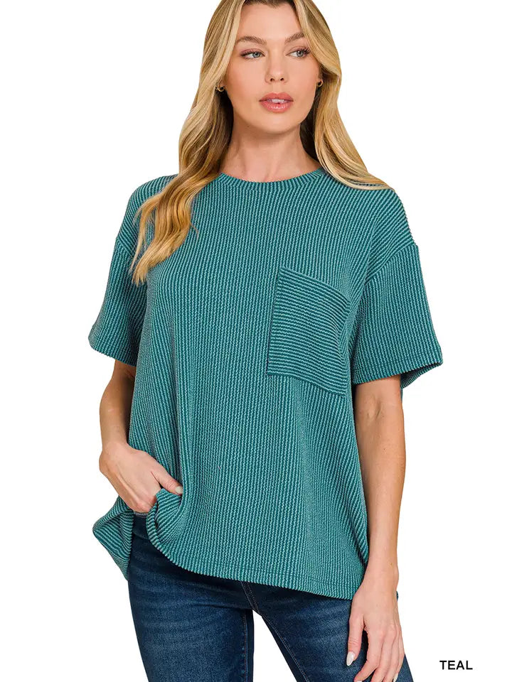 Teal Corded Rib Short Sleeve Front Pocket Top