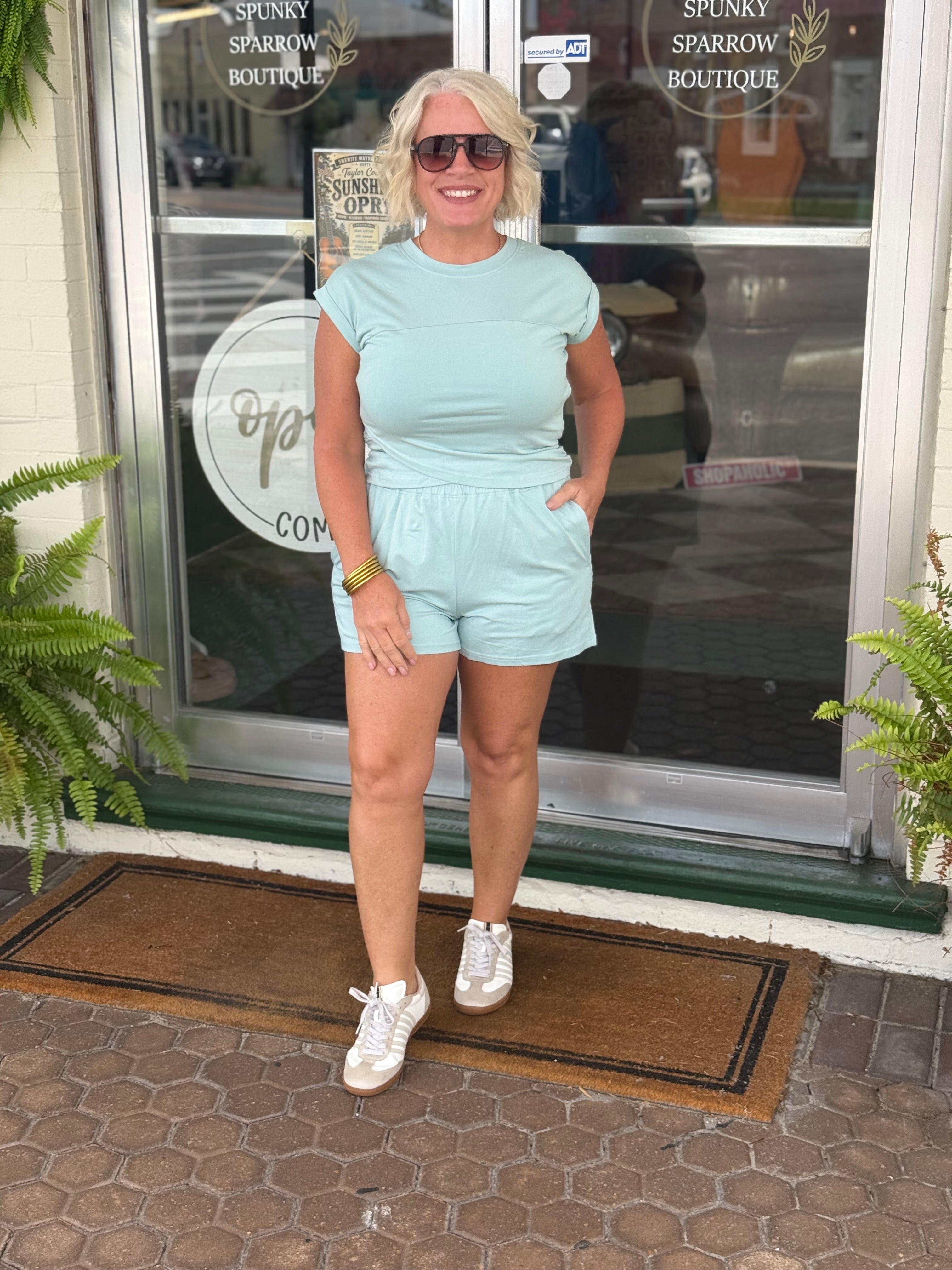 Mint Green Crossover Cropped Tee and Shorts Lounge Set