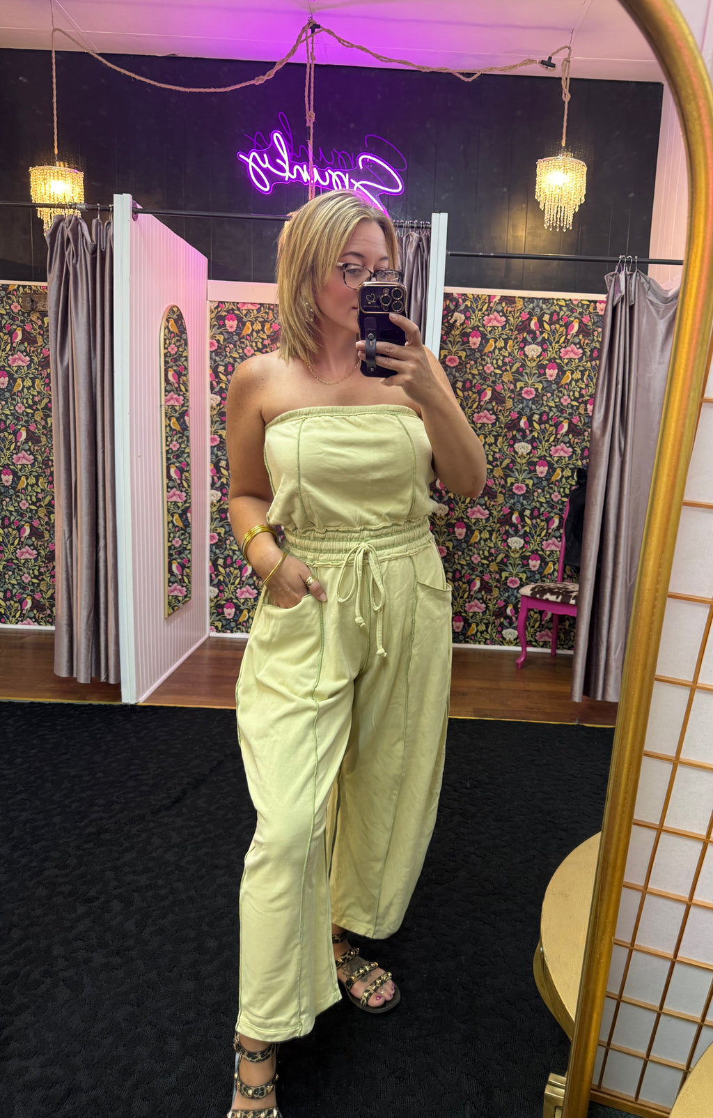 Matcha Mineral Wash Contrast Stitch Barrel Leg Jumpsuit
