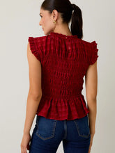 Load image into Gallery viewer, BURGUNDY Sleeveless Ruffle Neck Smocked Top
