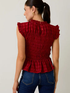 BURGUNDY Sleeveless Ruffle Neck Smocked Top