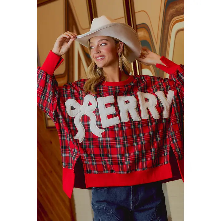 Christmas Tartan Plaid Merry Chenille Patch Sweatshirt