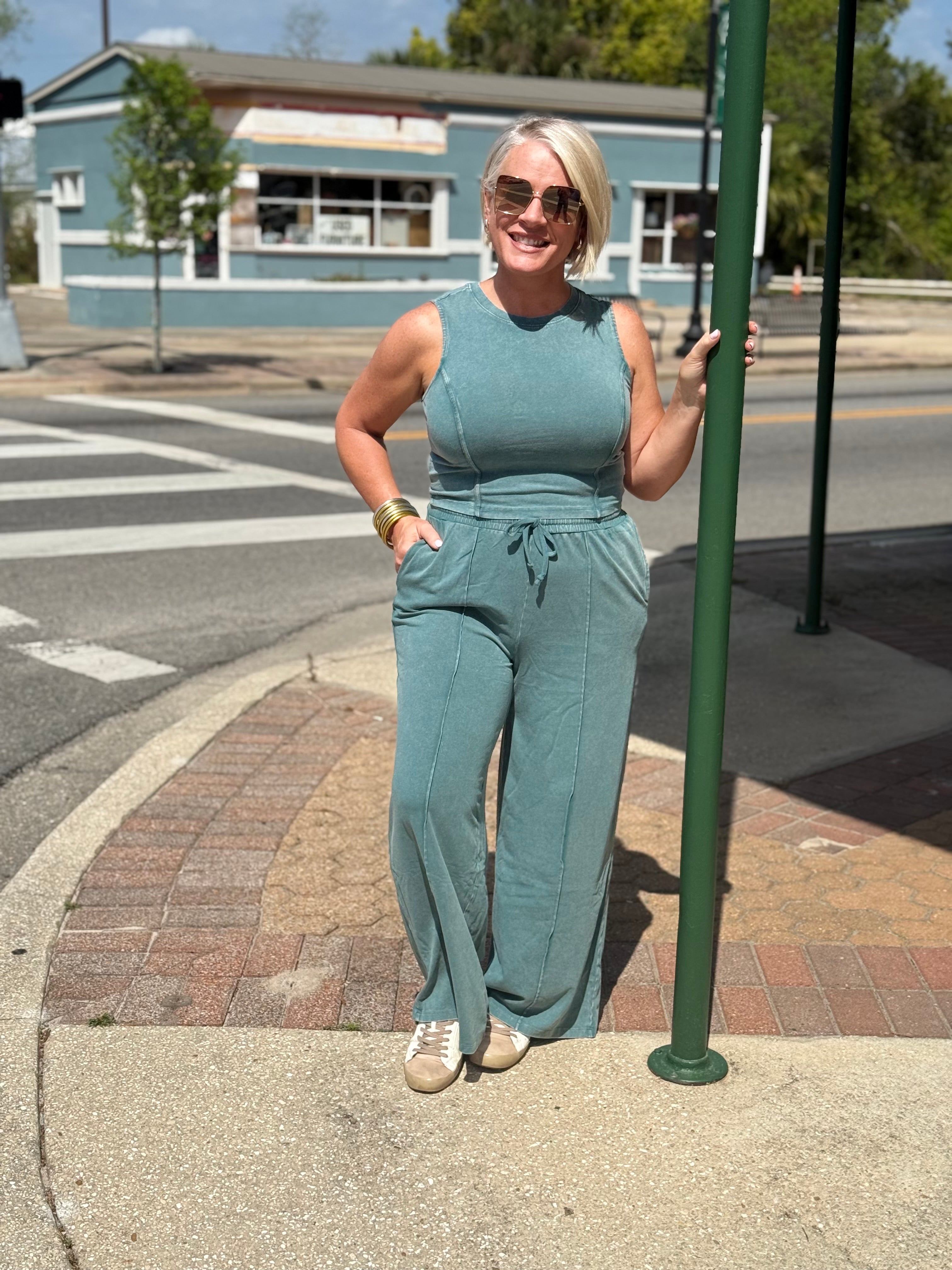 Dark Teal Mineral Washed Sleeveless Top & Wide Leg Pants Set