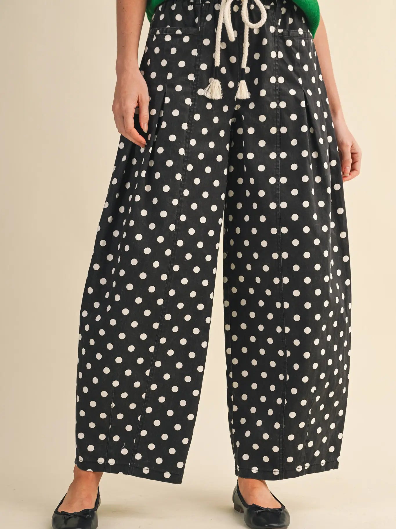 Black Polka Dot Pleated Barrel Pants