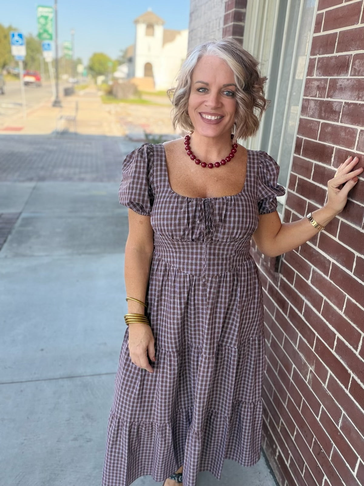 Plaid Puff Sleeve Corset Detail Tiered Midi Dress