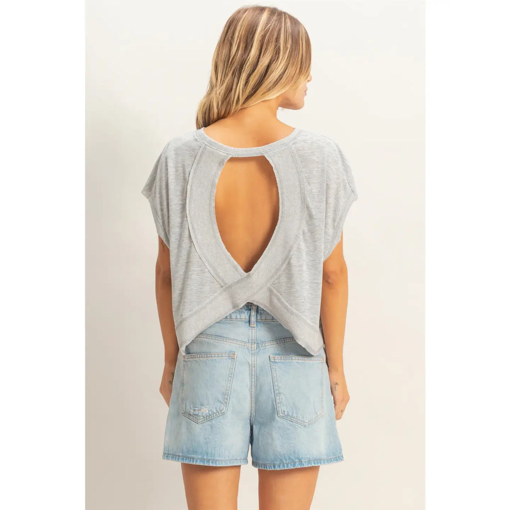 Heather Gray Open Back Boxy Crew Neck Top