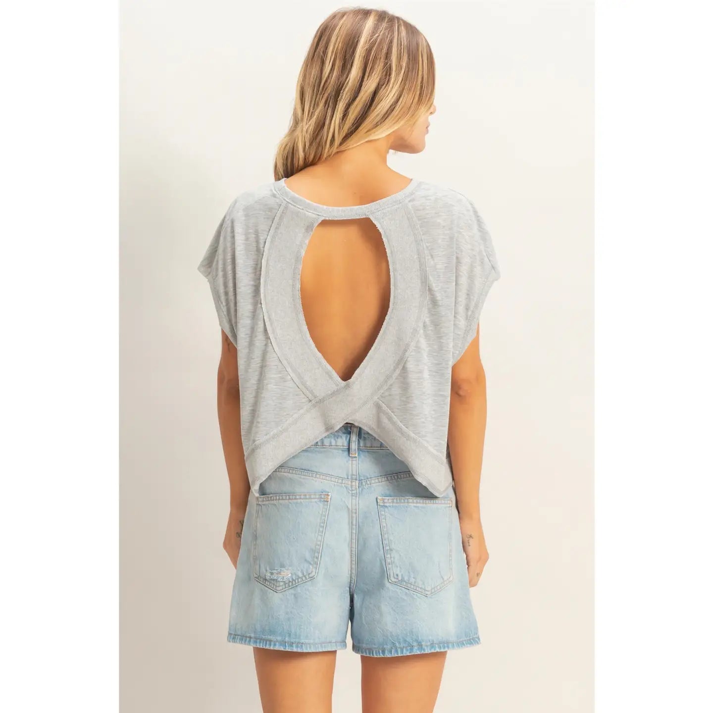 Heather Gray Open Back Boxy Crew Neck Top