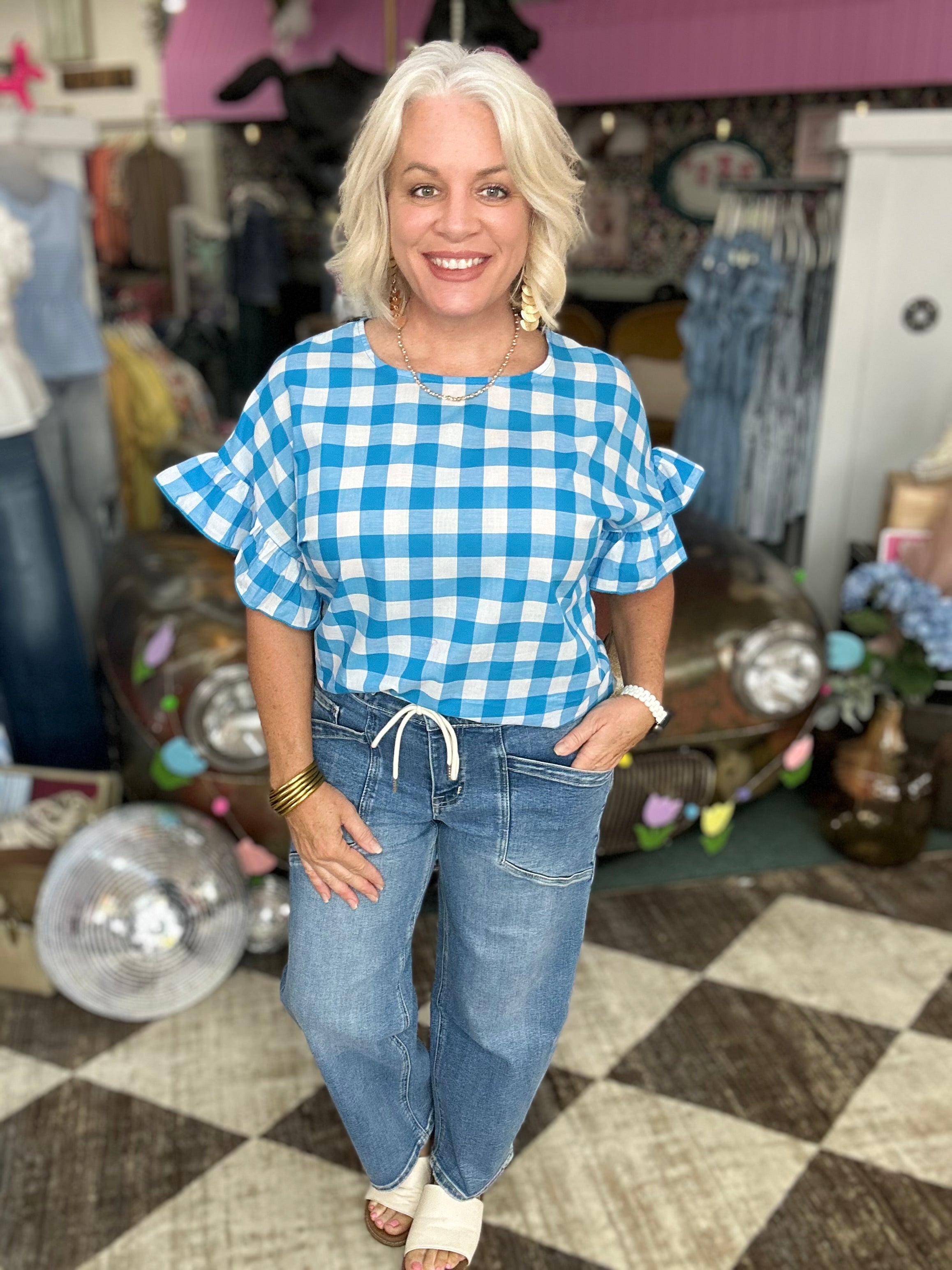 Chambray Gingham Ruffle Short Sleeves Top