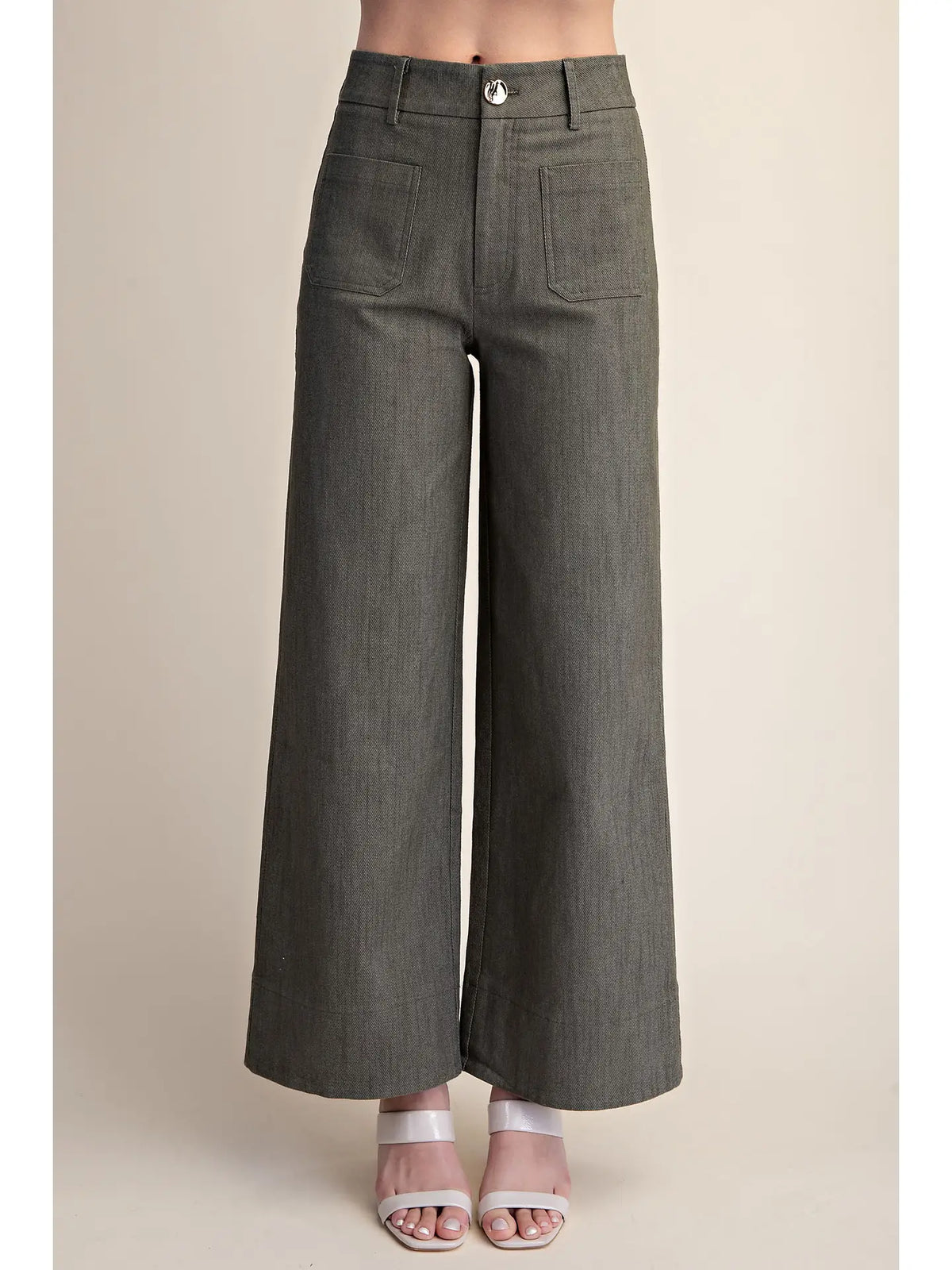 Olive high-rise wide-leg pants with front pockets and button closure, featuring a smooth texture.