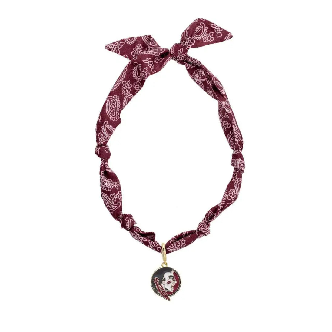 Maroon bandana scarf necklace featuring a tied design and a Seminoles logo charm for versatile wear.