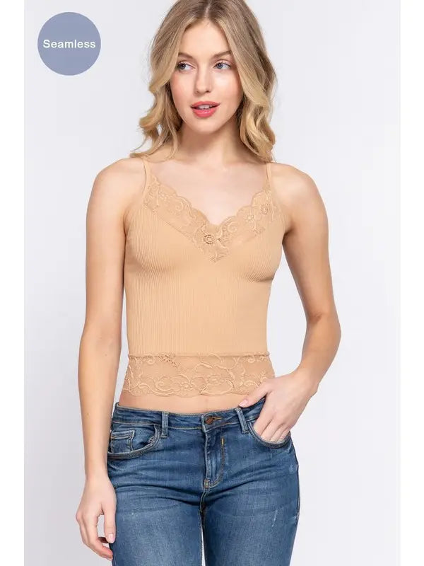 Nude V-Neck with Lace Detail Rib Seamless Cami Top
