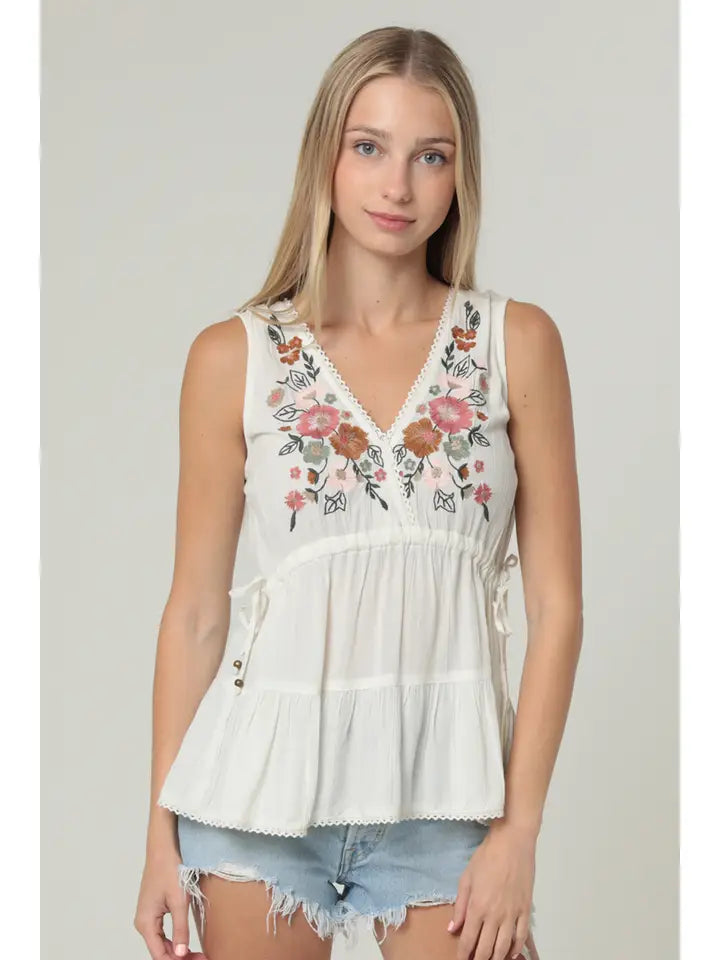 Embroidered V Neck Tank Top with Side Ties and Lac in Ivory