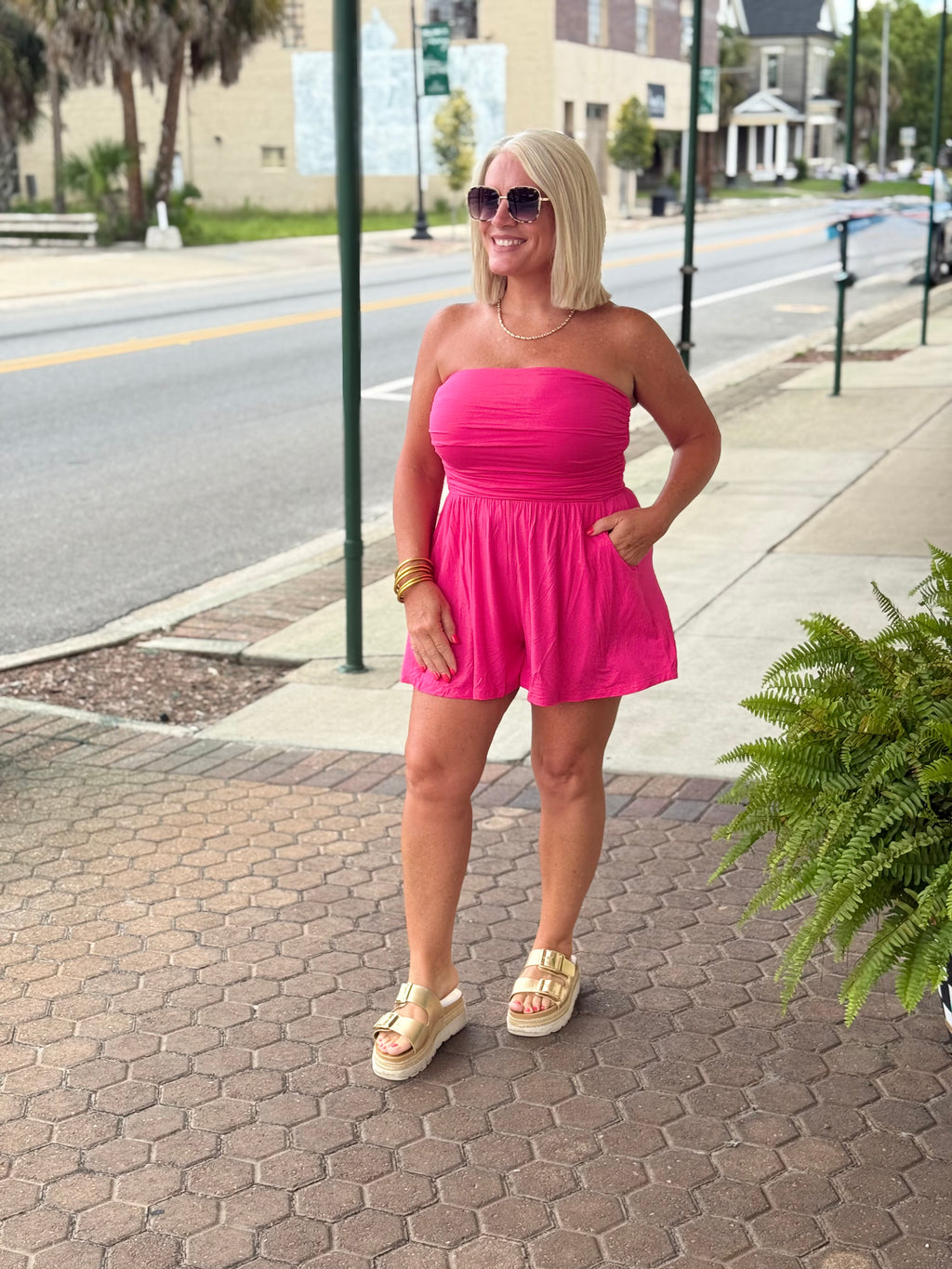 Hot Pink Double Layered Strapless Tube Top Romper