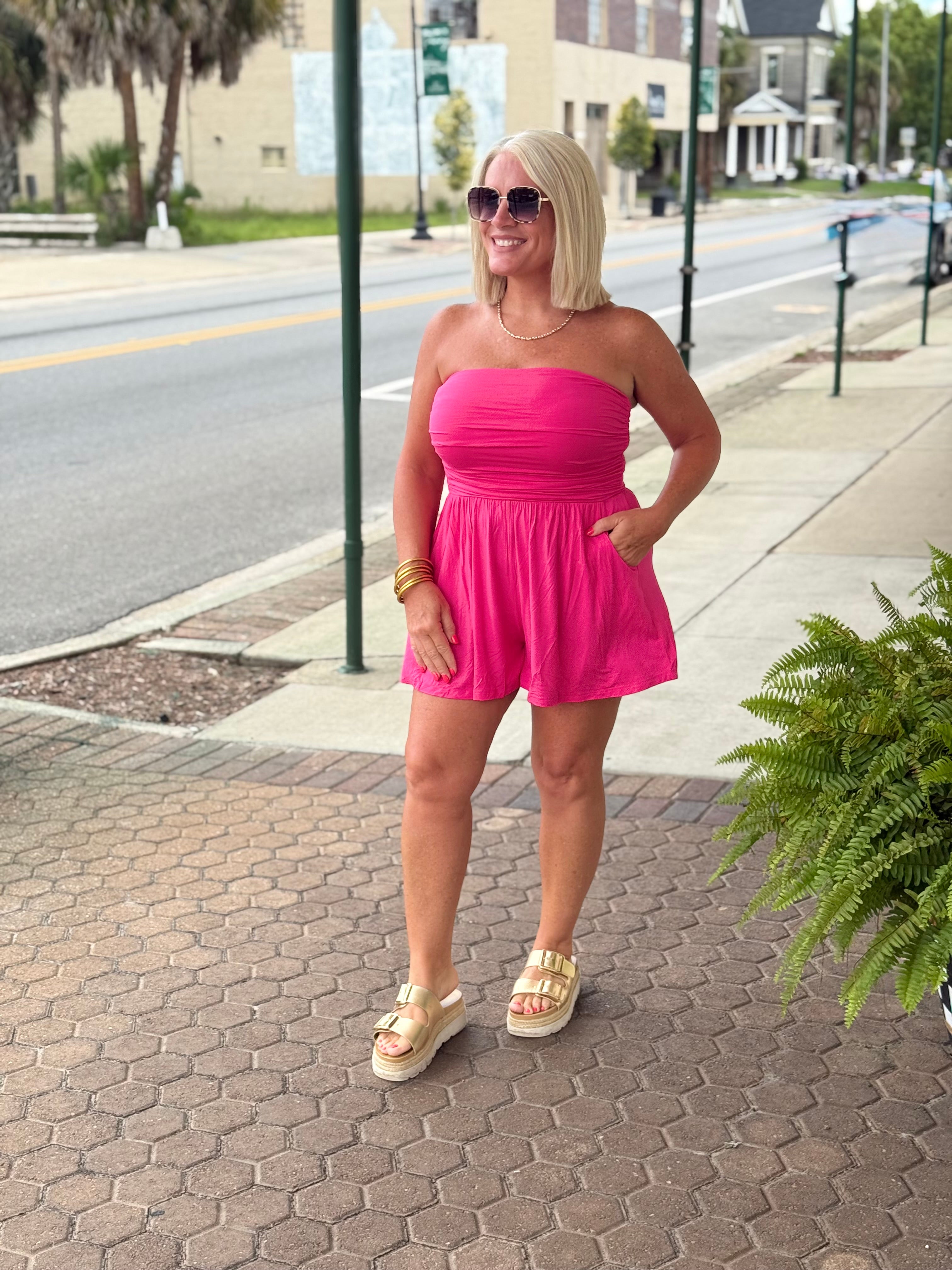 Hot Pink Double Layered Strapless Tube Top Romper