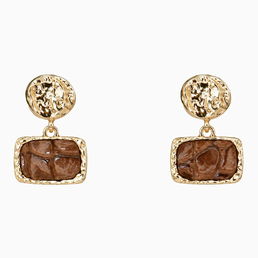 Brown Organic Molten Leather Drop Earrings