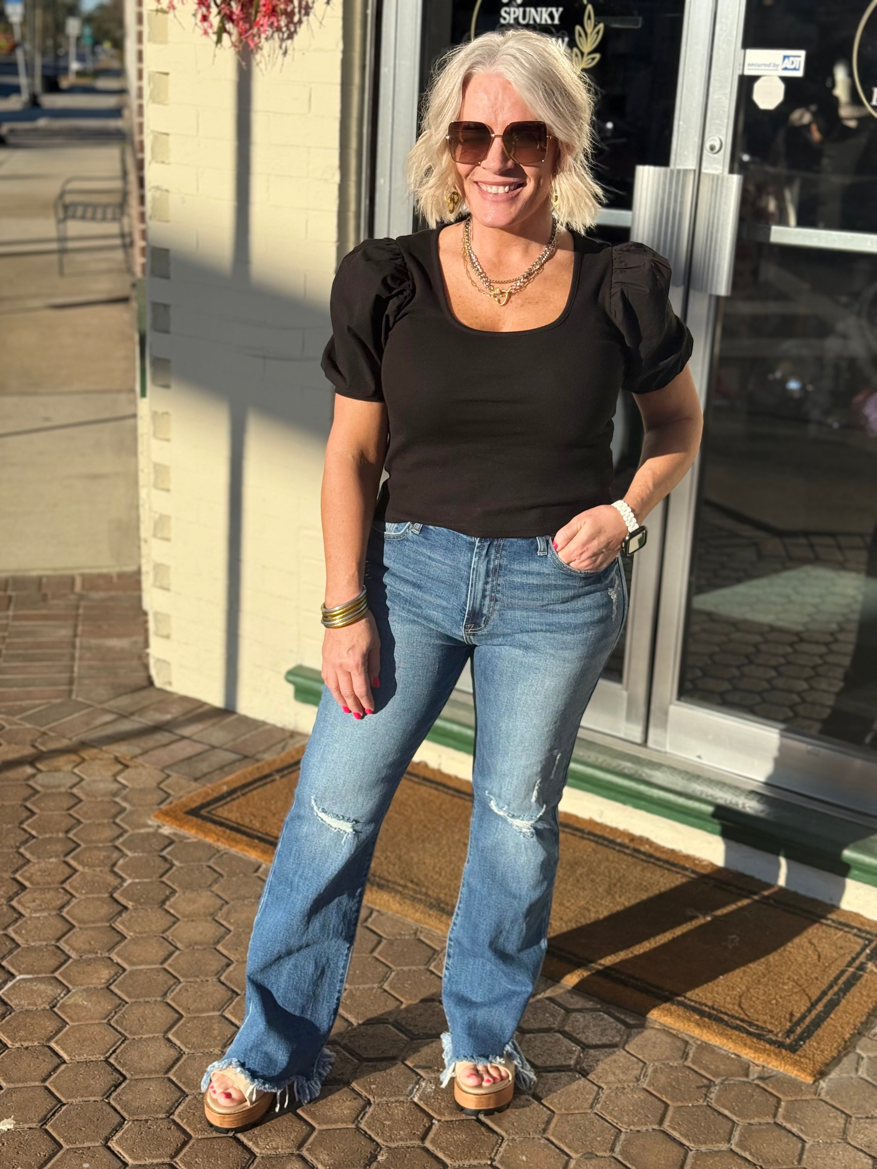 Black Ribbed Puff Sleeve Scoop Neck Top