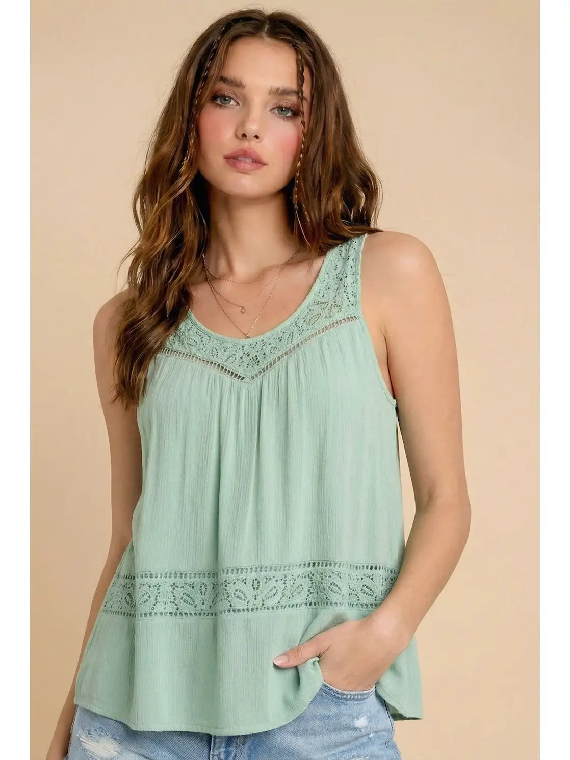 Mint Lace Yoke Sleeveless Racerback Solid Woven Top