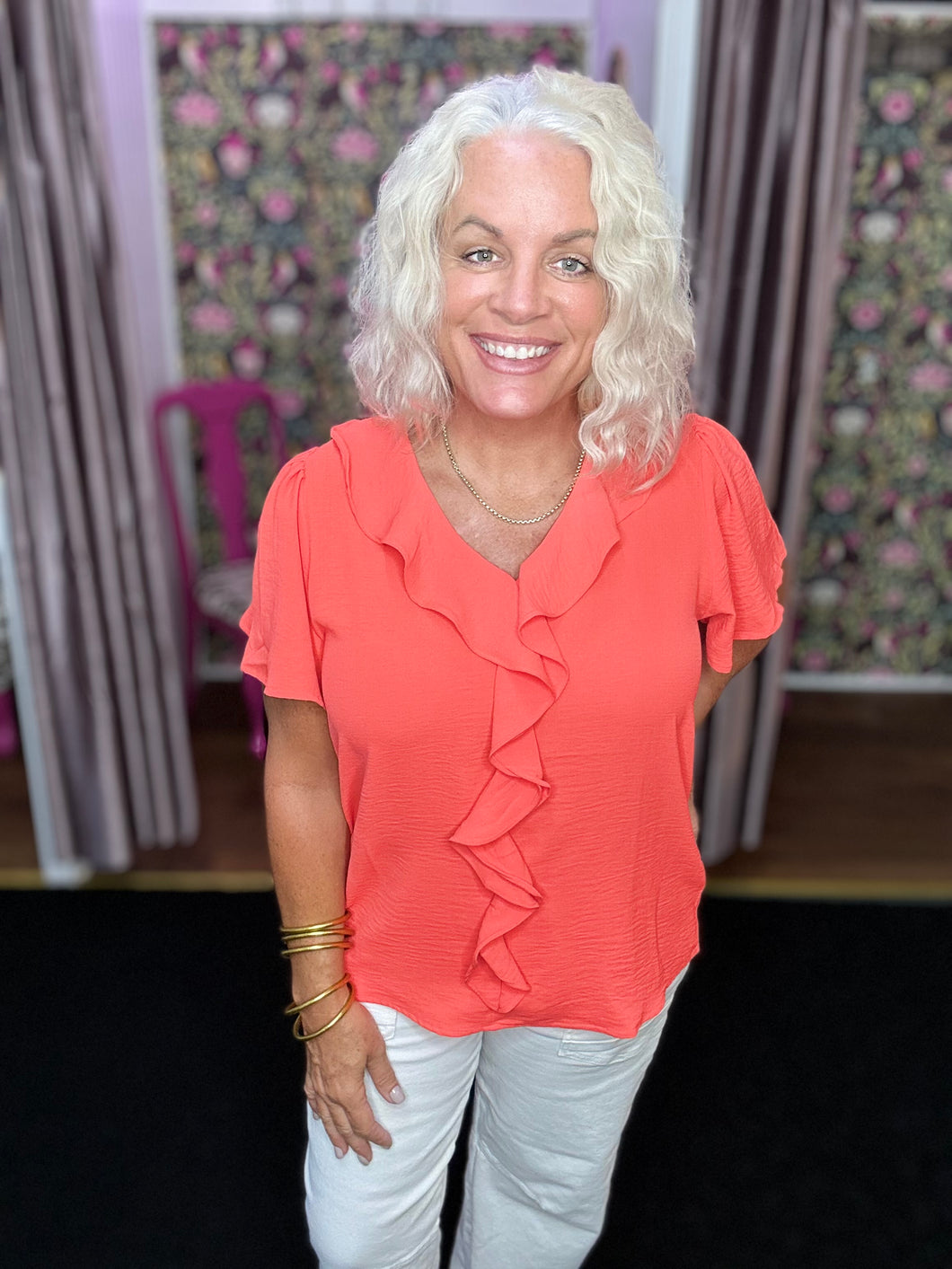 ORANGE Ruffled V Neck Short Sleeves Solid Woven Top
