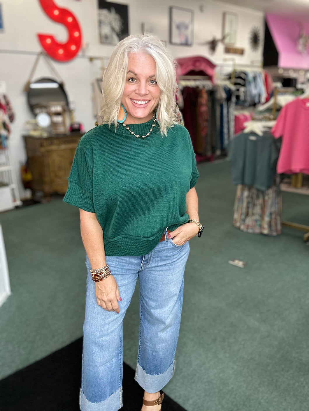 DROP HALF SLEEVE CREW NECK SWEATER IN HUNTER GREEN