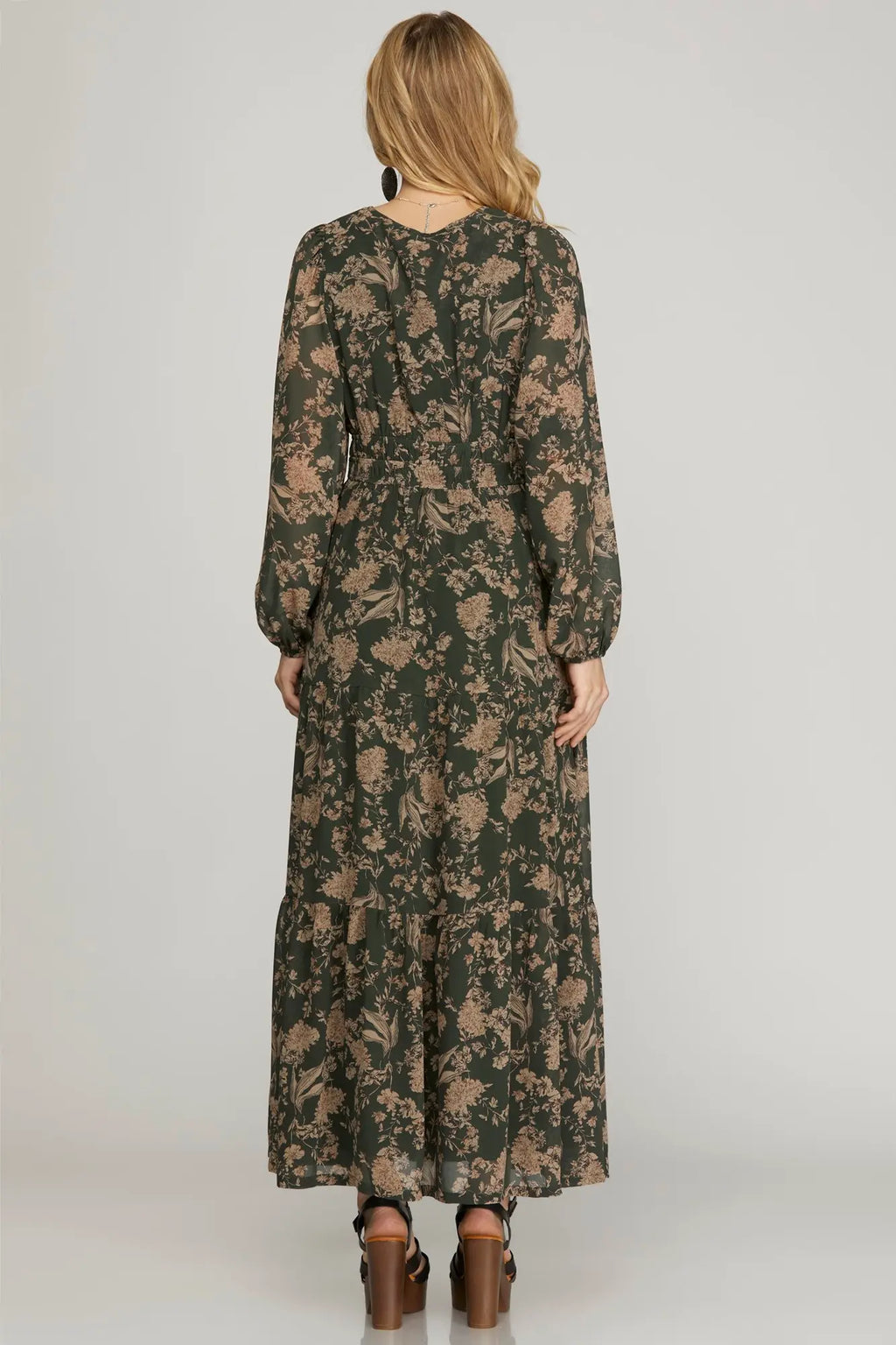 HUNTER GREEN PRINTED TIERED DRESS