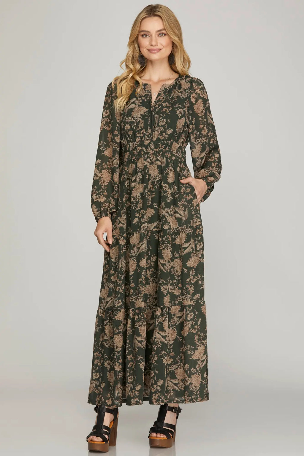 HUNTER GREEN PRINTED TIERED DRESS