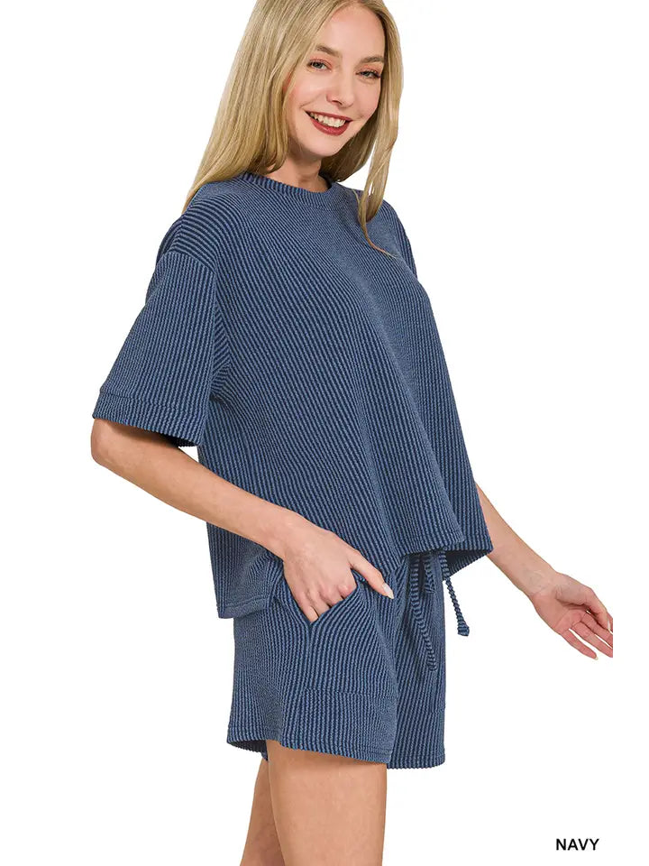 Navy Rib Tee & Shorts Set