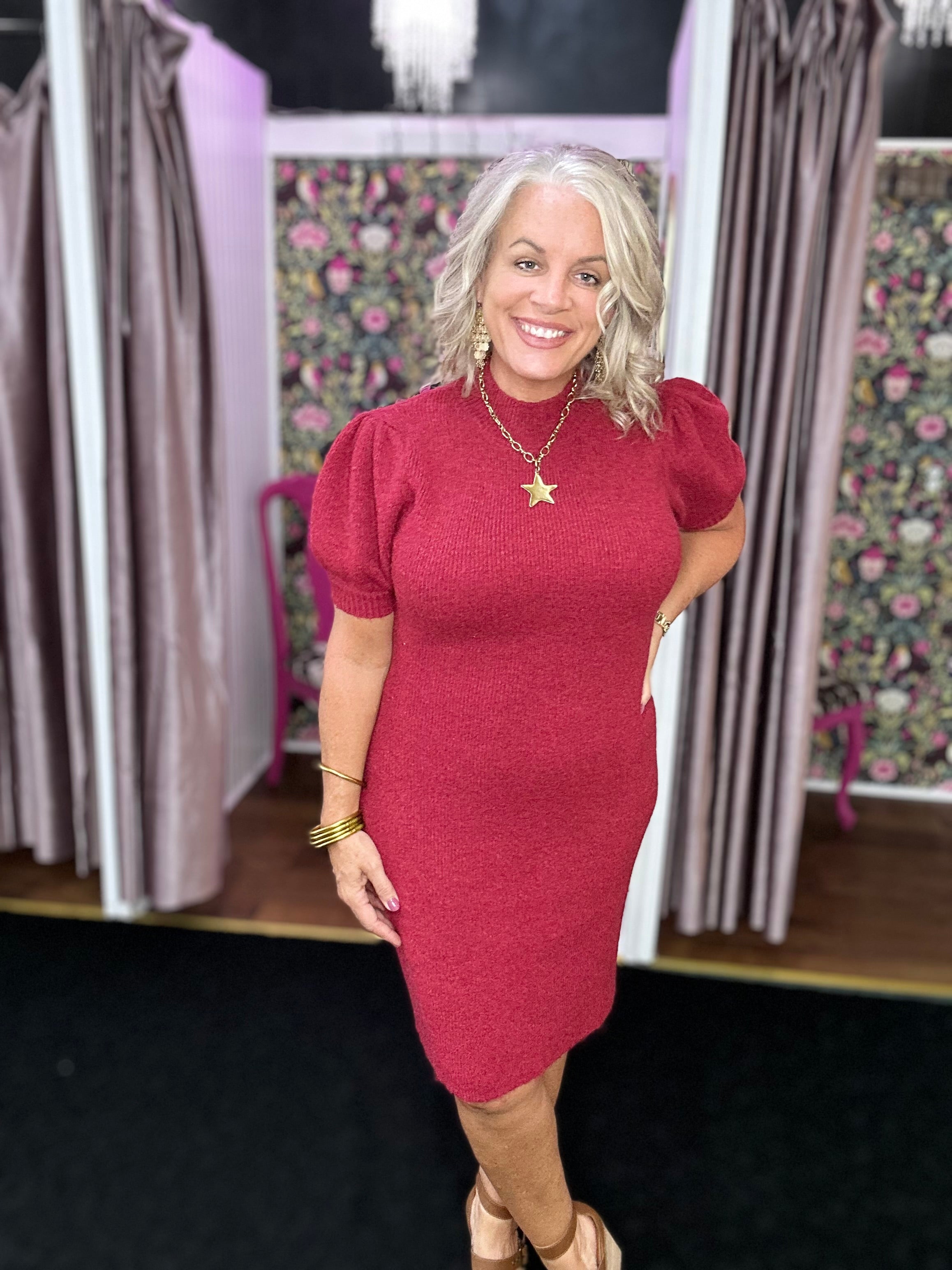 Burgundy Mock Neck Puff Short Sleeve Sweater Mini Dress