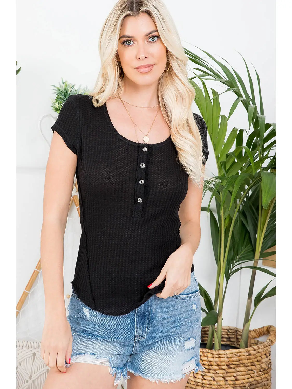 Black Henley Button Up Short Sleeve Top