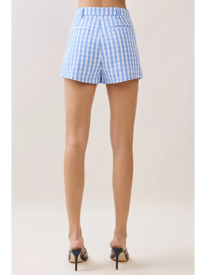 Juniors Baby Blue Gingham Print High Rise Waist Tailored Short