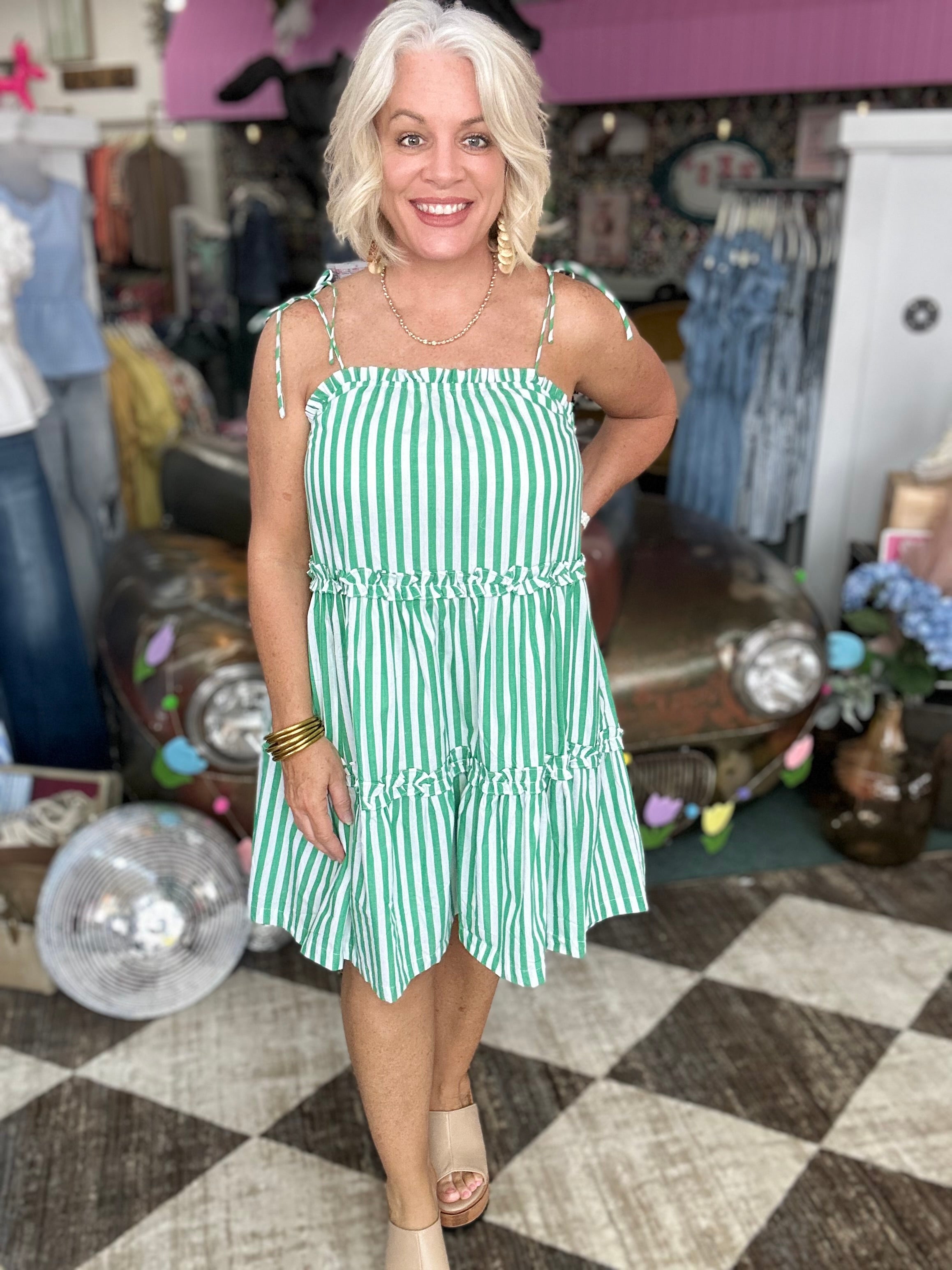 Green Ruffle Trimmed Poplin Stripe Dress