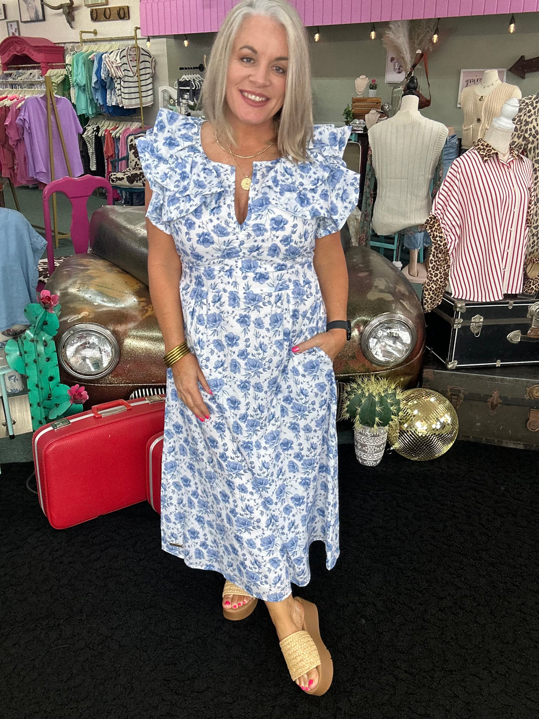 BLUE/WHITE FLORAL RUFFLE MAXI DRESS