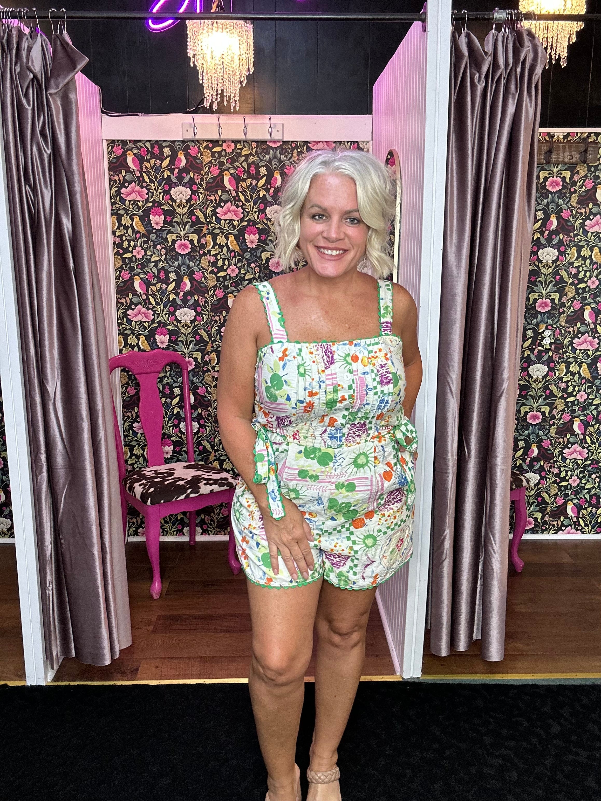 Button Down Pin Tuck Scallop Trim Romper