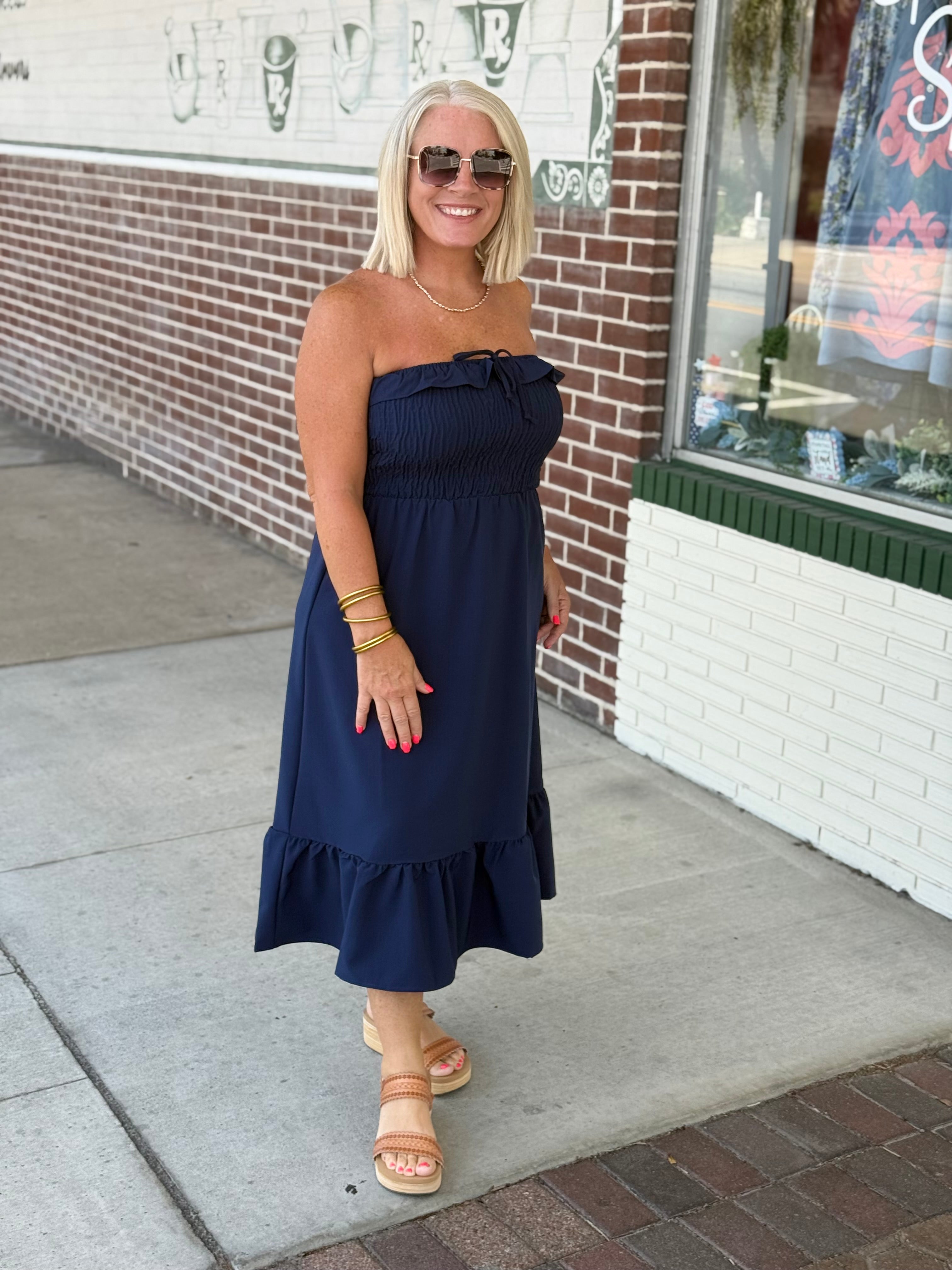 Navy Strapless Smocked Midi Dress