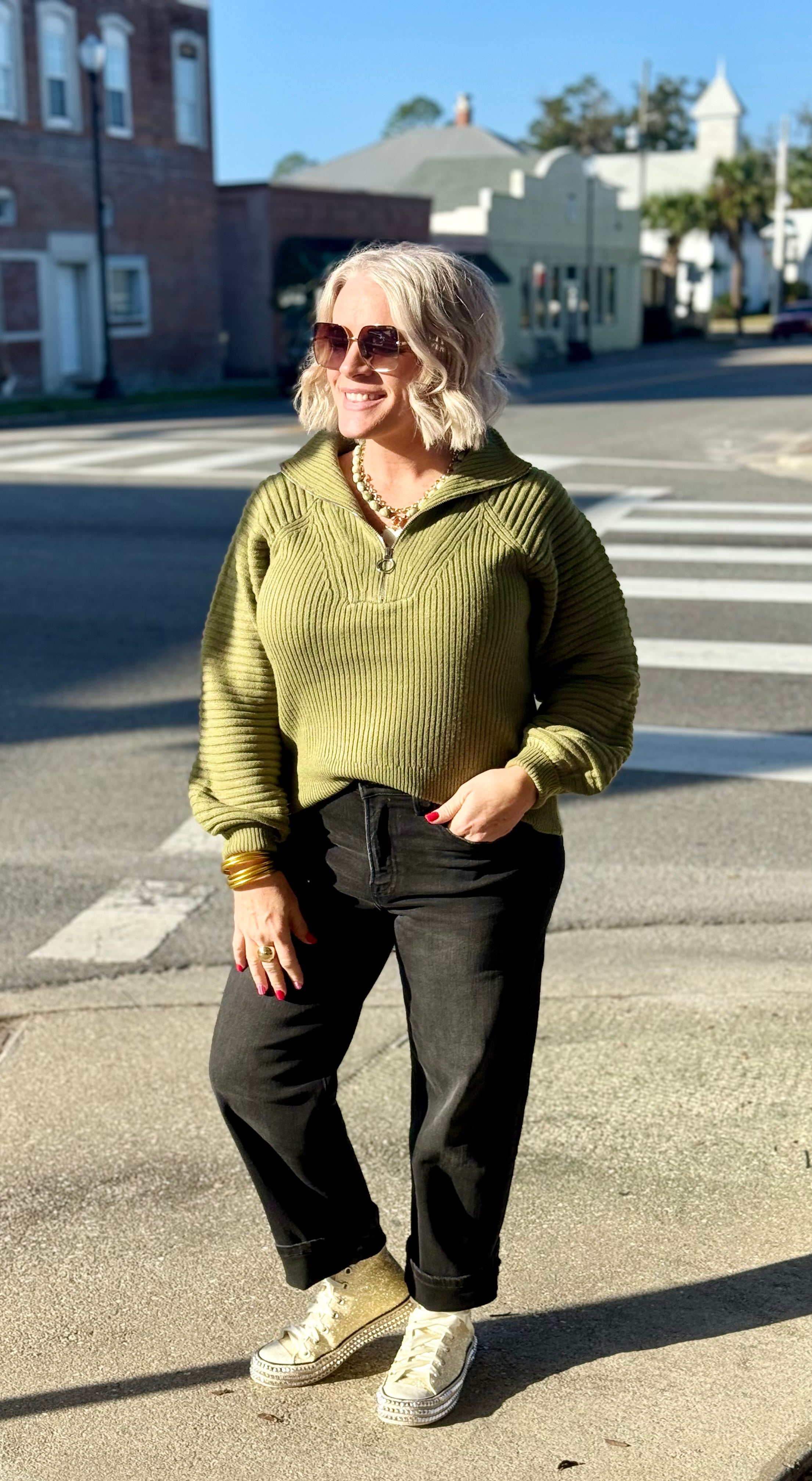 Half Zip Ribbed Sweater in Olive