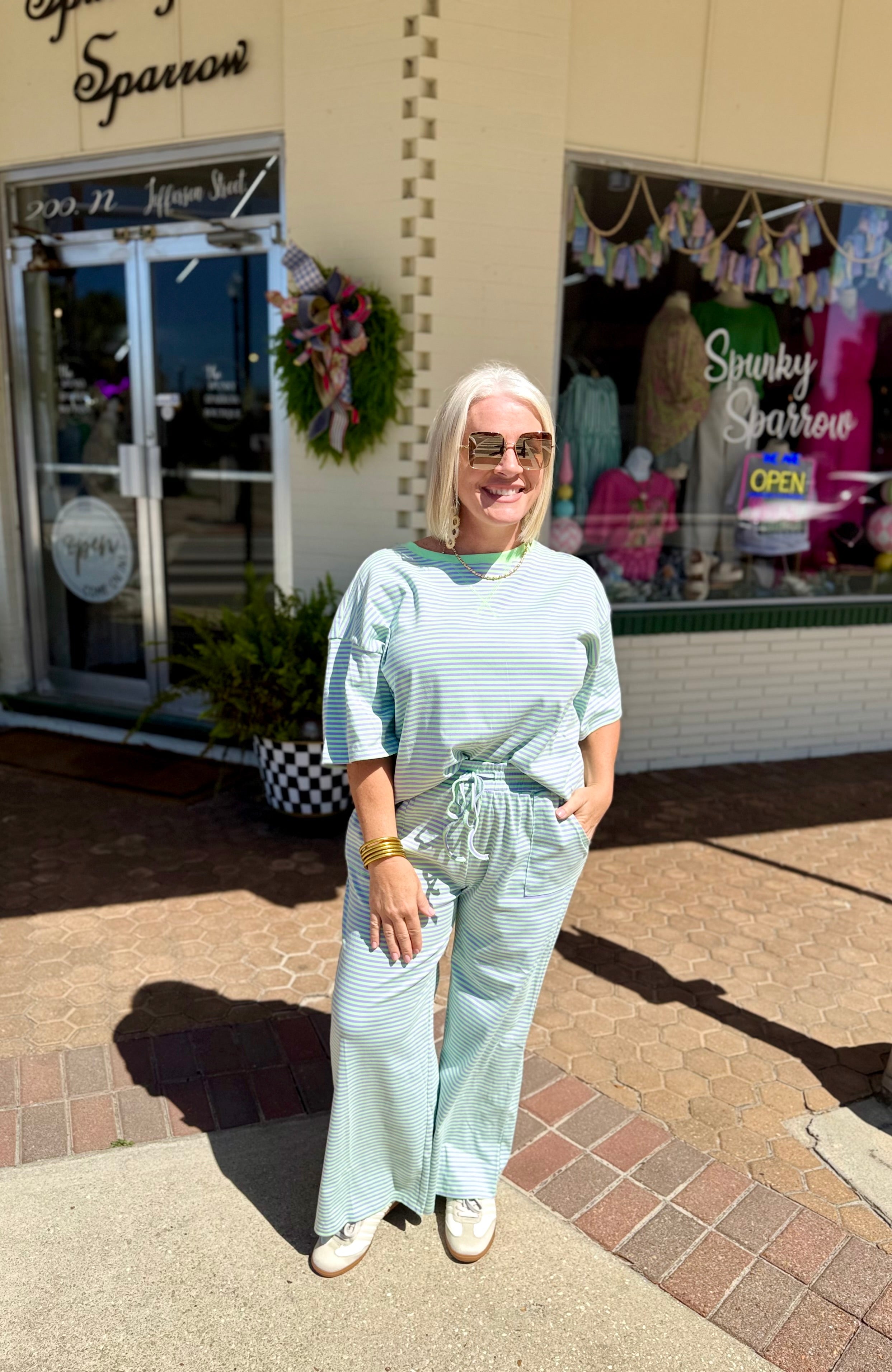 Striped Knit Top and Pants Set in Mint/Lilac