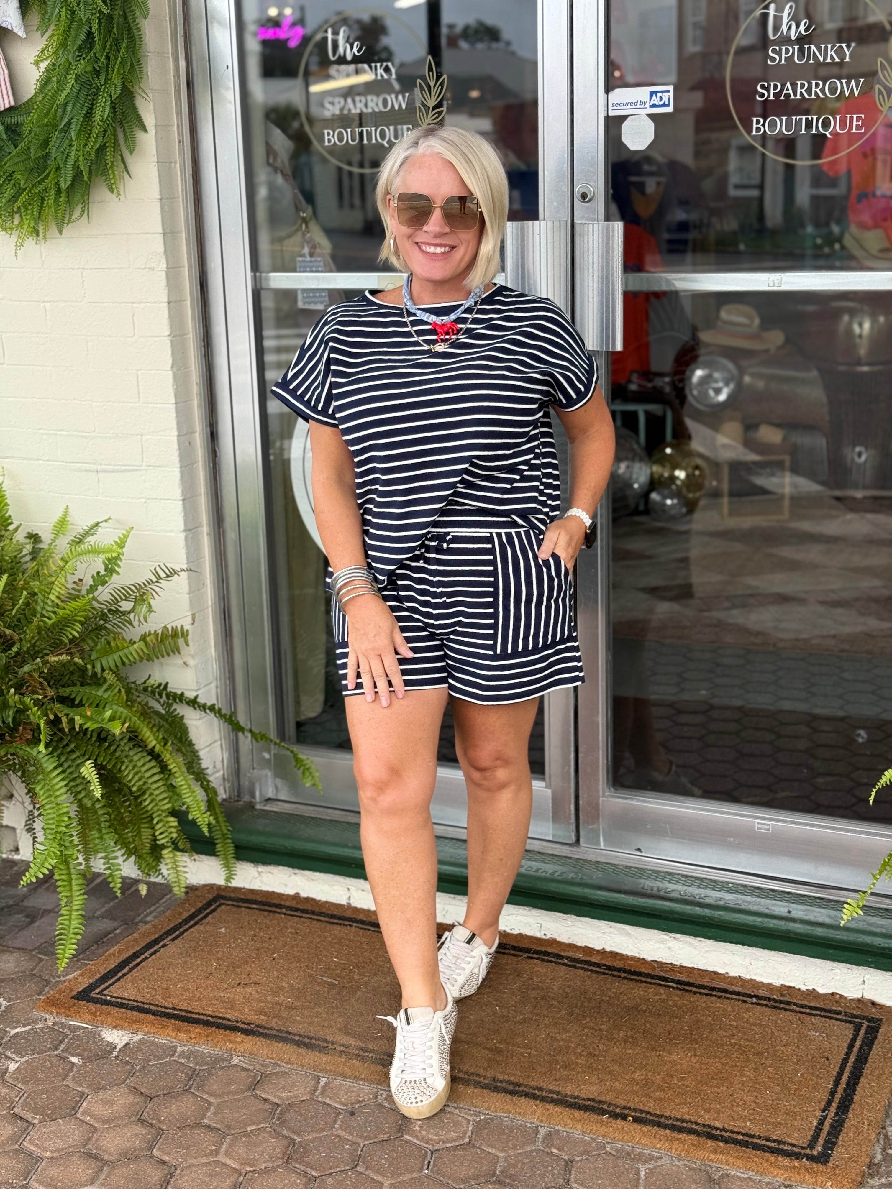Navy and White Stripe Short Sleeve Top and Shorts Set