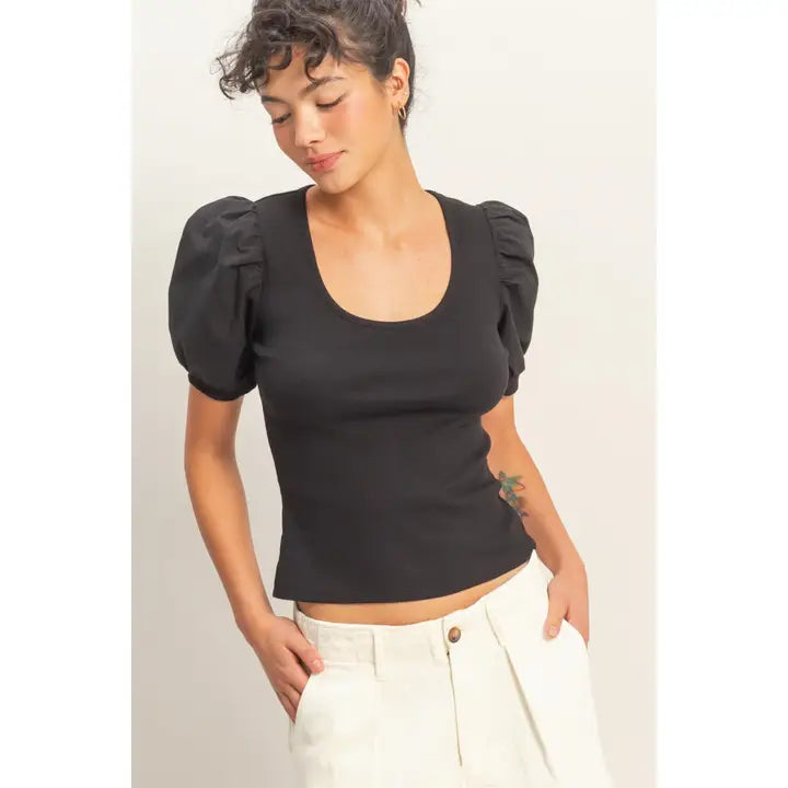 Black Ribbed Puff Sleeve Scoop Neck Top
