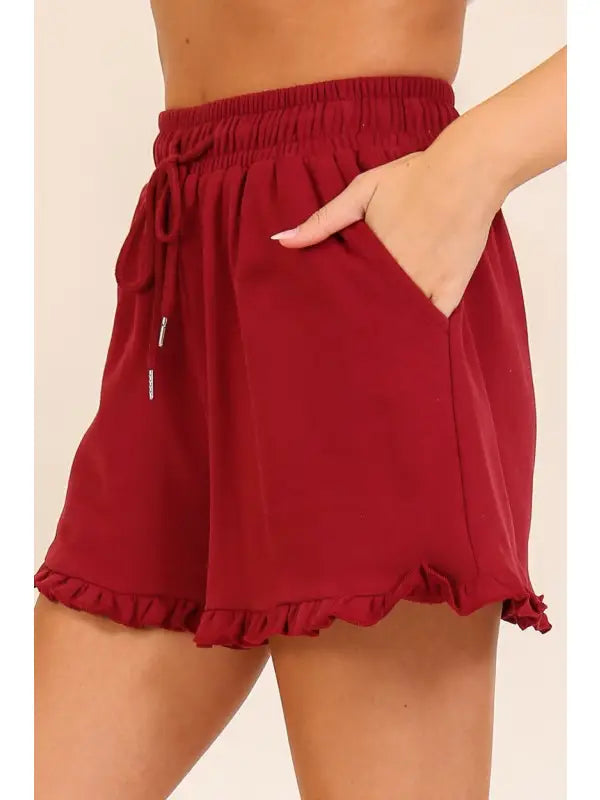 Burgundy French Terry ruffle hem shorts