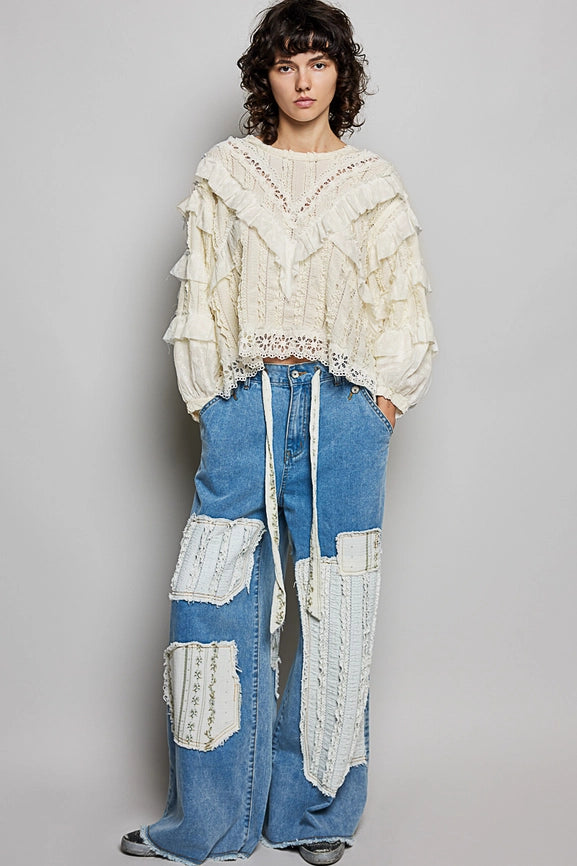 Eyelet Ruffle Raw Edge Trim Lace Solid Knit Top