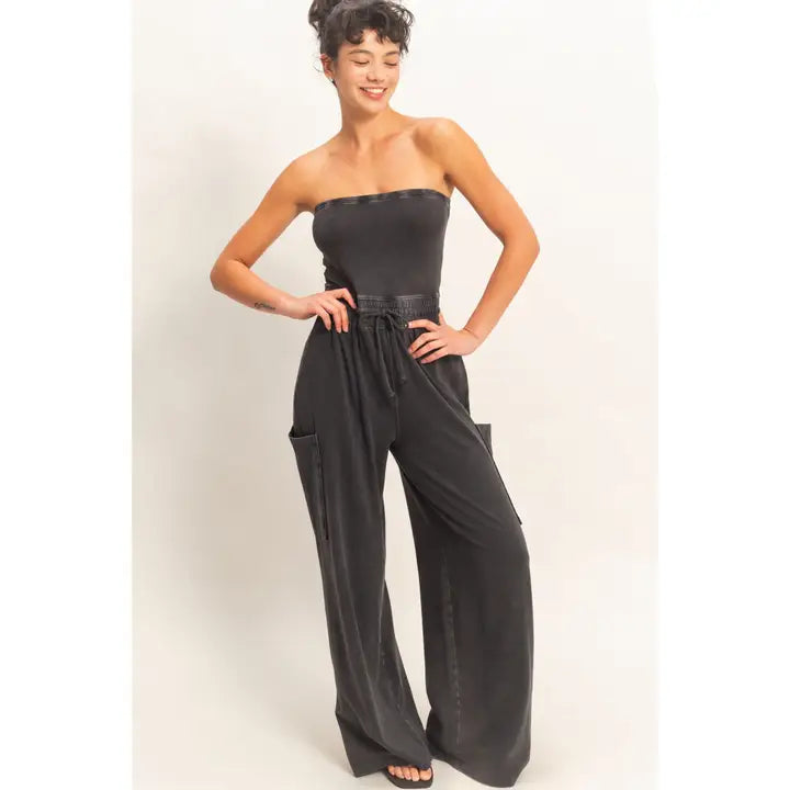 Mineral Wash Strapless Wide Leg Jumpsuit in Black