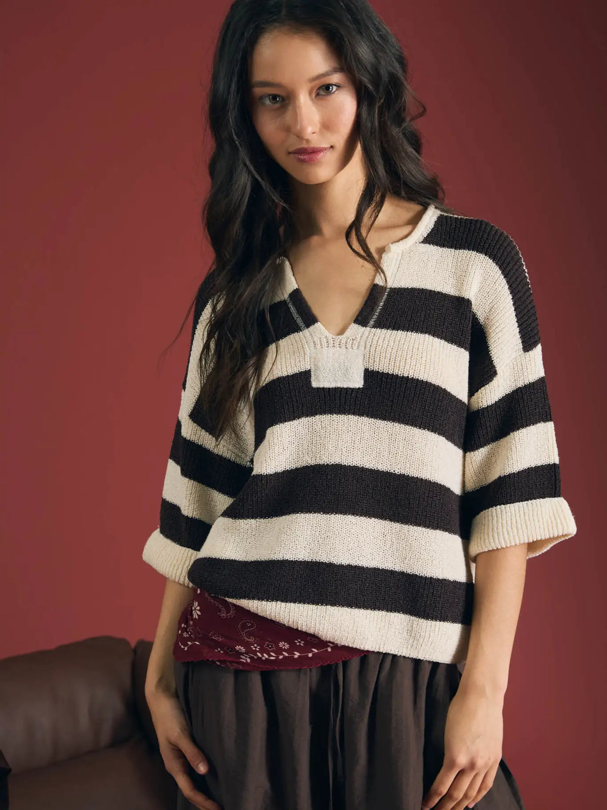 Dark Chocolate Brown Wide Stripe Raw Split Neck Short Sleeve Sweater